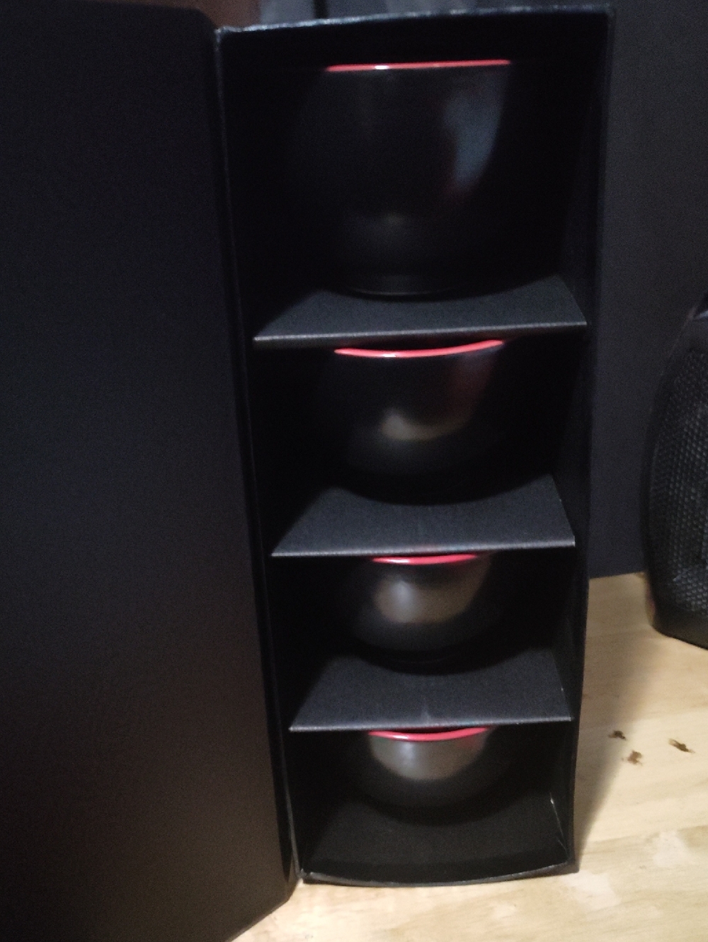 Matte Black Stackable Bowls with Red Rim (Set of 4)